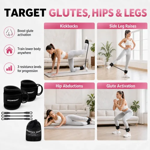 Miniatura 4 de Ankle Resistance Bands with Cuffs, Natural Latex Tubes, 3 Levels for Leg and Glute Workouts, Padded Ankle Straps for Kickbacks, Hip Training and