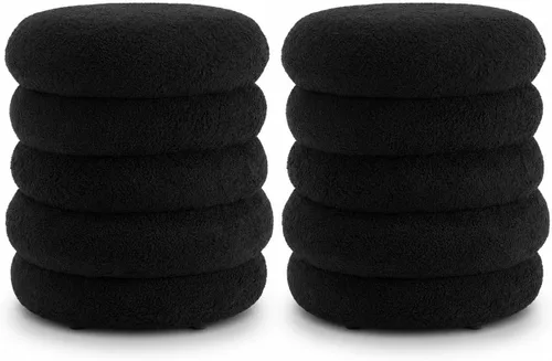 Otomana redonda negra con almacenamiento tapizado de sherpa, taburete otomano pequeño Boucle reposapiés para sala de estar/entrada, juego de 2