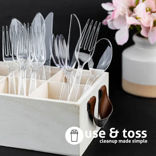 Miniatura 3 de Juego de cubiertos de plástico pesado, 200 tenedores de plástico, 100 cuchillos de plástico, 100 cucharas de plástico desechables (transparente)