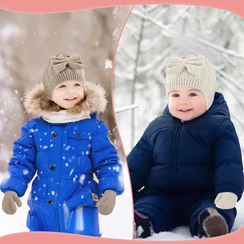 Miniatura 19 de SATINIOR 3 Set Toddler Hat Glove Set, Kids Winter Hats Warm Knitted Beanie Mittens Gloves with Bow for Baby Girls Boys 0-6Y