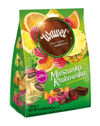 Wawel Mieszanka Krakowska - Caramelos de gelatina cubiertos de chocolate, limón, naranja, piña y frambuesa, bolsa de 8.64 onzas, chocolates polacos