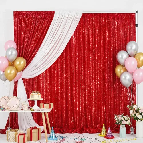 Miniatura 34 de Cortinas con lentejuelas doradas, 2 unidades de 2 x 8 pies, con brillantina, telón de fondo para bodas Rojo