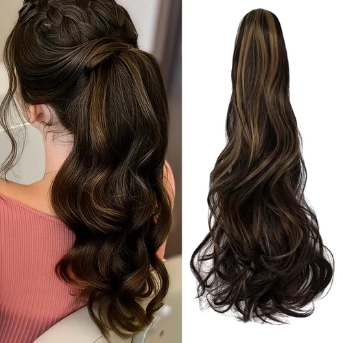 Miniatura 28 de Felendy Extensión de cola de caballo de 18 pulgadas, mezcla de rubio ceniza, marrón oscuro, rizado, ondulado, con clip, extensiones de cabello largo
