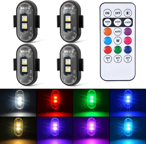 4 luces estroboscópicas LED inalámbricas con control remoto, 8 colores recargables, luces LED anticolisión, luces de advertencia de emergencia para