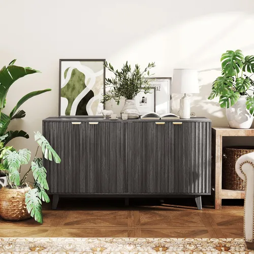 Miniatura 8 de HOMCOM Aparador de buffet con almacenamiento, mesa de buffet moderna acanalada de 55 pulgadas, gabinete de consola de barra de café con 2 estantes