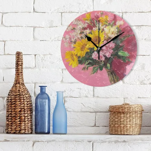 Miniatura 3 de Retro Flowers with Pink Oil Painting Feel 10 Inch Round Wall Mount Clock Silent Unique for Farmhouse Living Room Living Room reloj de pared