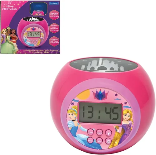 LEXIBOOK Reloj proyector Disney Princess con función de alarma de repetición, luz nocturna con temporizador, pantalla LCD, funciona con pilas, color