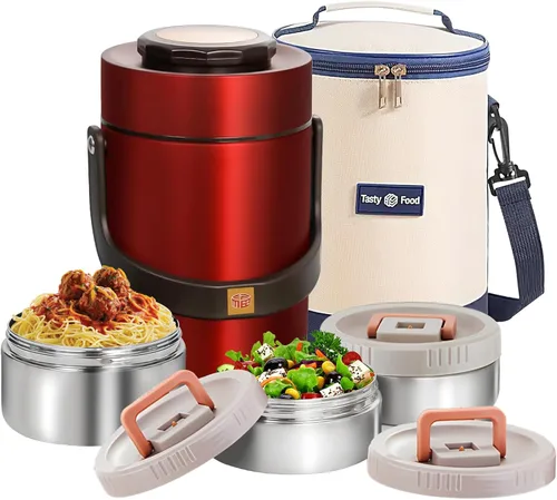 Miniatura 10 de Termo mejorado de 67 onzas para comida caliente, termo apilable de 3 capas, tarro de sopa con bolsa aislante, ideal para oficina, comidas al aire 67