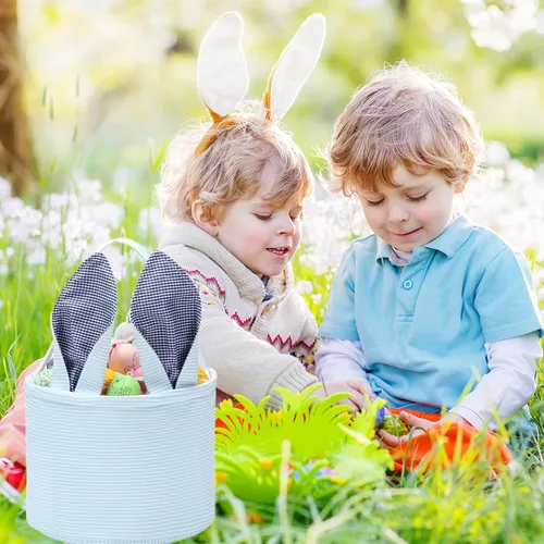 Miniatura 3 de Cesta de Pascua de sirsaca para niños con lindas orejas de conejo a rayas, regalos de almacenamiento de caramelos, regalos personalizados