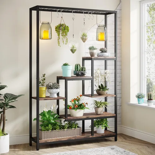 Tribesigns Soporte alto para plantas de interior de 5 niveles, estante grande de metal para plantas de 70.9 pulgadas con 6 ganchos colgantes en S,
