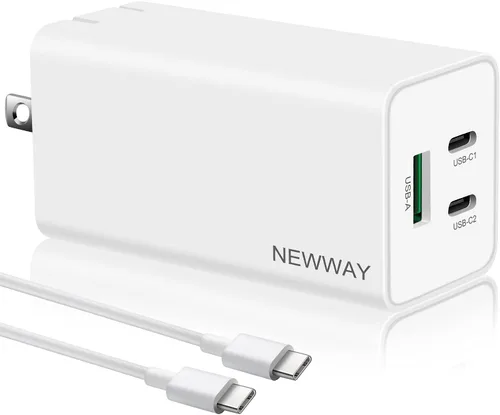 NewWay Cargador rápido USB-C de 65 W de 3 puertos PD QC 3.0 de entrega plegable, cargador de pared USB-C para MacBook, iPad, iPhone Series con 15 16