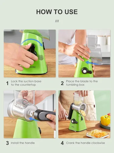 Miniatura 6 de Reemix - Rallador rotativo de queso con asa, triturador de queso vegetal para cocina, 3 cuchillas intercambiables para queso, papa, calabacín, Verde