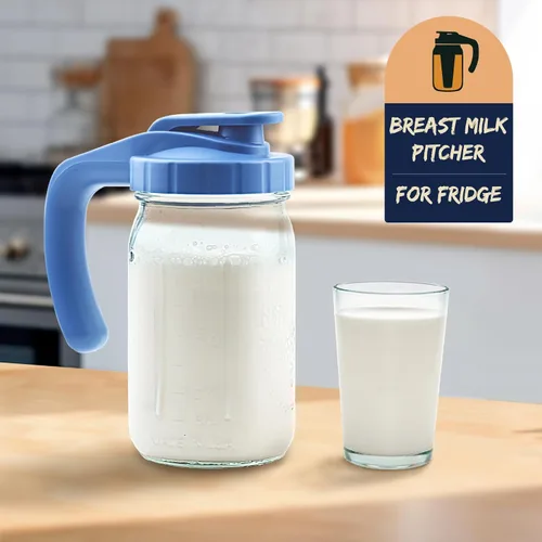 Miniatura 2 de Jarra de leche materna, jarra de vidrio de 32 onzas con tapa superior abatible y asa, tarro a prueba de fugas para té helado, limonada y jugo, apto