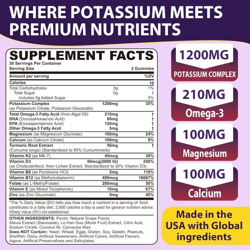 Miniatura 2 de Suplemento de citrato de potasio y gluconato de potasio, 1200mg Dos formas de gomitas de potasio, con magnesio, Omega-3, calcio, vitamina D3 K2 B12