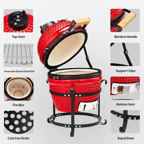 Miniatura 6 de ROVSUN Parrilla de Carbón de Cerámica Esférica Roja de 13 Pulgadas con Forro Interior, Ahumador BBQ Portátil para Cocinar al Aire Libre, Acampar