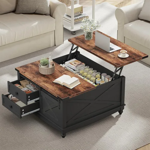 ALLSTAND Mesa de centro elevable de 31.5 pulgadas con almacenamiento, mesas de centro de granja para sala de estar, mesa de centro cuadrada con gran