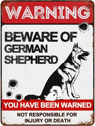 Señales de advertencia de metal vintage de 8 x 12 pulgadas con texto en inglés «Beware of German Shepherd» («Beware of German Shepherd») sobre áreas