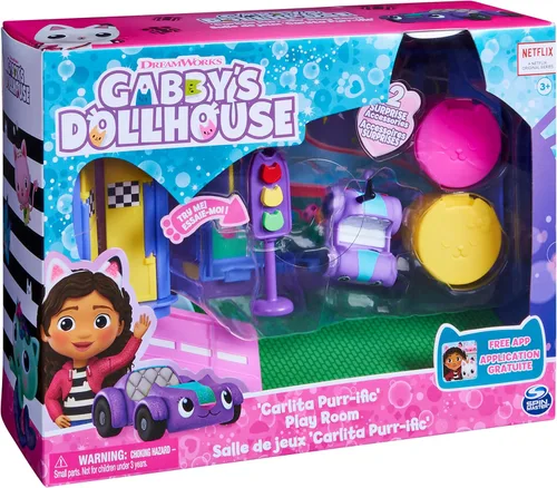 Miniatura 9 de La casa de muñecas de Gabby, habitación de juego Carlita Purr-ific con coche de juguete Carlita, accesorios, muebles y entregas de la casa