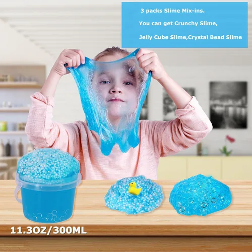 Miniatura 2 de Azeperoy Slime de gelatina azul cielo premezclado con destellos y textura crujiente, incluye 4 juegos de complementos, estimulación sensorial y Azul
