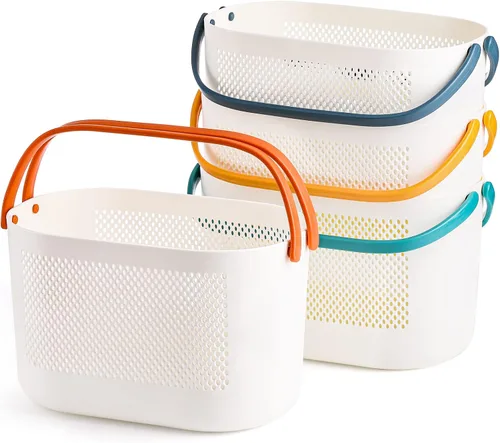 AVLA Paquete de 4 cestas portátiles para ducha, cestas de almacenamiento de plástico con asas, organizador de artículos de tocador de drenaje, bolsa