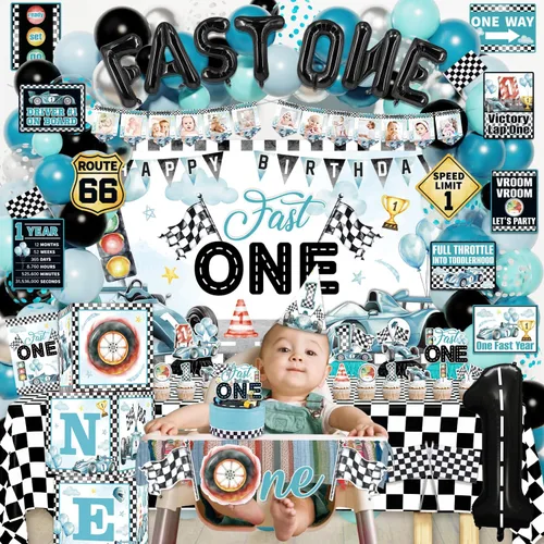 Miniatura 7 de Fast One - Decoraciones de cumpleaños para niños, 143 piezas de suministros de decoración de primera fiesta de carreras para bebé, pancarta