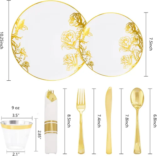 Miniatura 9 de DaYammi 210 platos de plástico dorados, vajilla desechable floral de oro blanco que incluye 30 platos llanos, 30 platos de ensalada, 30 servilletas