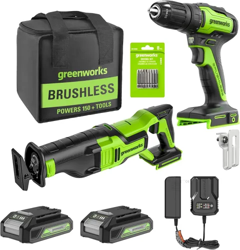 Miniatura 20 de Greenworks - Taladro de impacto inalámbrico de 24 V y kit de luz de trabajo 2 en 1 con 2 baterías de 2 Ah y cargador – Sin escobillas, liviano