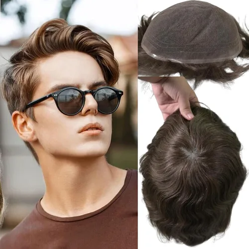 Miniatura 9 de Voloria Swiss Full Lace Toupee Europeo Real Cabello Humano Reemplazo para Hombres Hairpiece #18 Rubio Ceniza Marrón