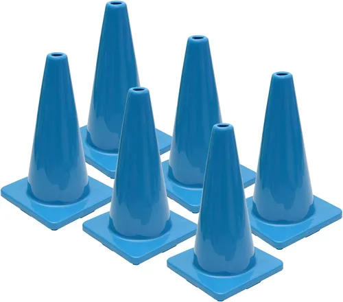 Juego de 6 conos de seguridad de tráfico de PVC de 18 pulgadas con base negra (6 conos, azul) - Sin collar reflectante