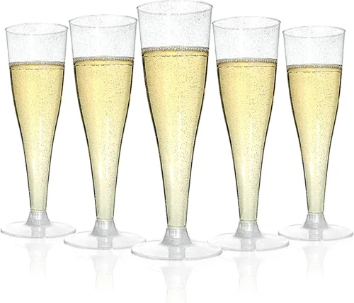 Bestluck Paquete de 100 copas de champán de plástico, copas desechables de plástico con purpurina plateada de 4.5 onzas, copas de champán Escarcha