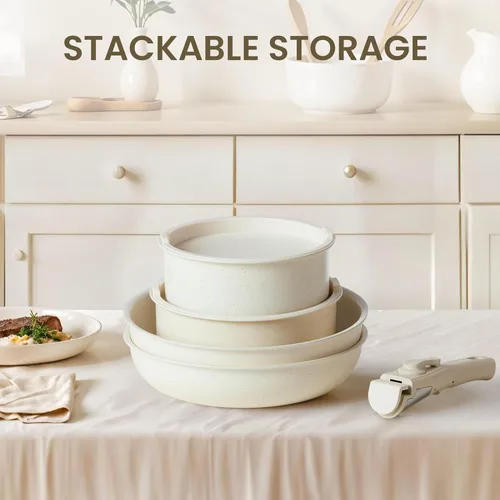 Miniatura 7 de Simple Deluxe Juego de 12 utensilios de cocina antiadherentes, con textura de granito beige y asas desmontables, resistentes a altas temperaturas