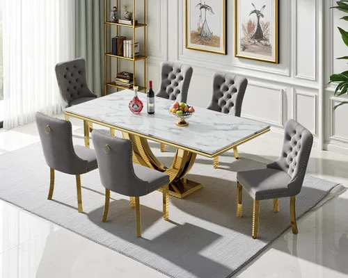 Miniatura 2 de Juego de mesa de comedor moderno de 70 pulgadas para 6, 7 piezas, con base de mármol sintético, base de acero inoxidable y sillas de terciopelo