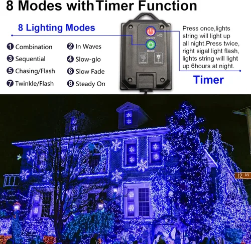Miniatura 4 de Guirnalda de luces solares azules impermeables para exteriores, paquete de 2 unidades de 144 pies, 400 LED con 8 modos de impermeabilidad IP44