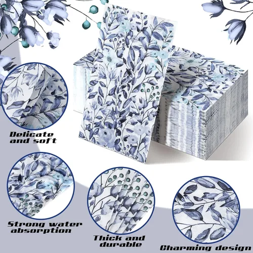 Miniatura 5 de Karenhi 200 toallas de mano de papel azul de 2 capas de flores azules para el baño, servilletas desechables decorativas de flores silvestres