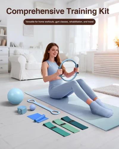 Miniatura 9 de Kit de Pilates para mujeres para entrenamiento en casa, equipo de Pilates juego de anillo y pelota con 3 bandas de resistencia de tela, pelota