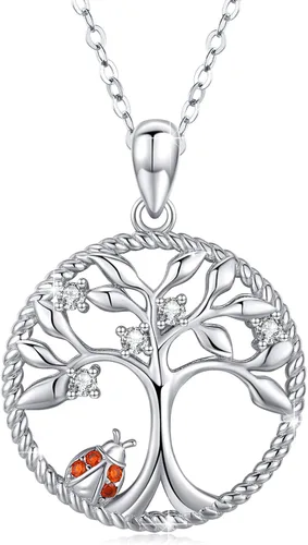 JUSTKIDSTOY Collar con colgante de árbol de la vida, diseño de mariquitaunicorniolama, plata de ley 925, joyería de animales lindos regalos para