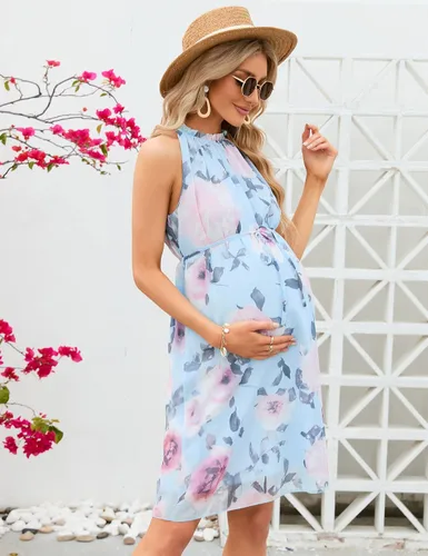 Miniatura 5 de KOJOOIN Vestido de maternidad con cuello halter y volantes, de verano, casual, bohemio, sin mangas, de cintura alta, fluido para sesión de fotos