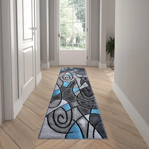 Miniatura 17 de EMMA + OLIVER Alfombra decorativa de olefina de felpa, patrón geométrico abstracto, tonos grises degradados con detalles azules vibrantes, 2 x 3