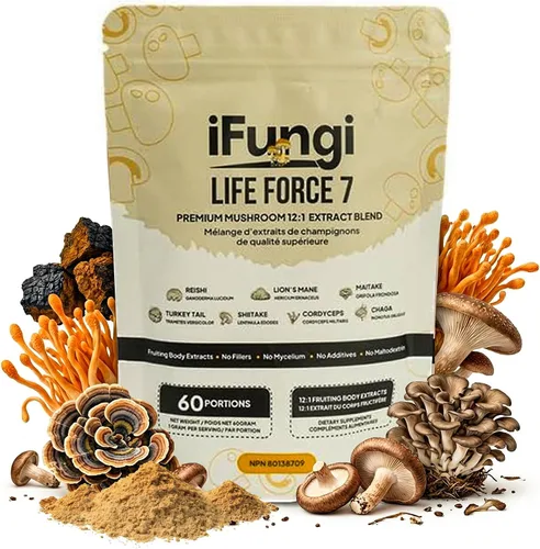 Miniatura 6 de Life Force 7 Mezcla de hongos 7 extractos de cuerpo fructífero prémium concentración 12:1 Cultivado en madera dura orgánica 0.04 oz de porción