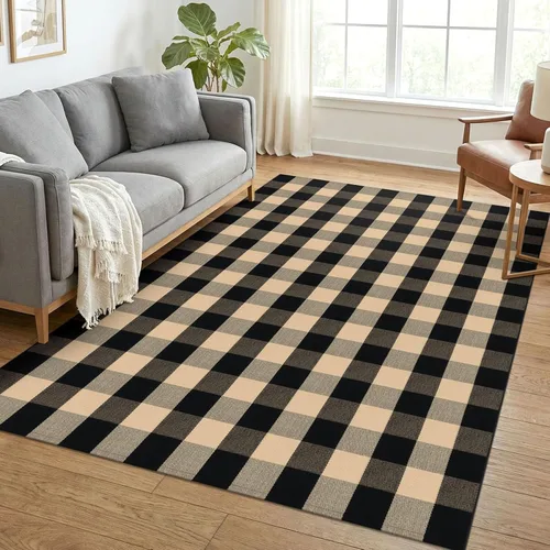 Miniatura 30 de KOZYFLY - Alfombras de área a cuadros de búfalo de 2x3 pies, alfombra a cuadros en negro y blanco lavable, alfombra de puerta delantera tejida a