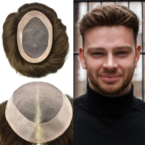 Miniatura 32 de Tupé para hombre, pieza de cabello humano real, monofilamento, tupé para hombres, postizos, unidades de sistema de reemplazo de cabello, gris