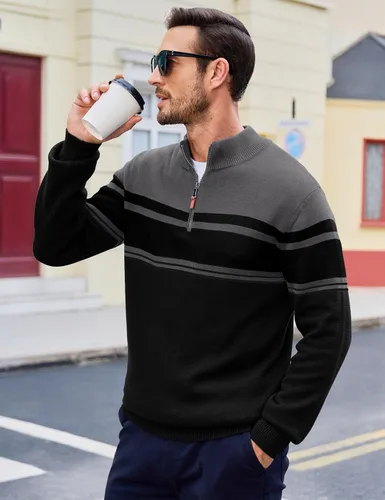 Miniatura 51 de MAGCOMSEN Suéteres de algodón con cremallera de 1/4 para hombre, suéter tipo polo, a rayas, para otoño e invierno, sudaderas cálidas