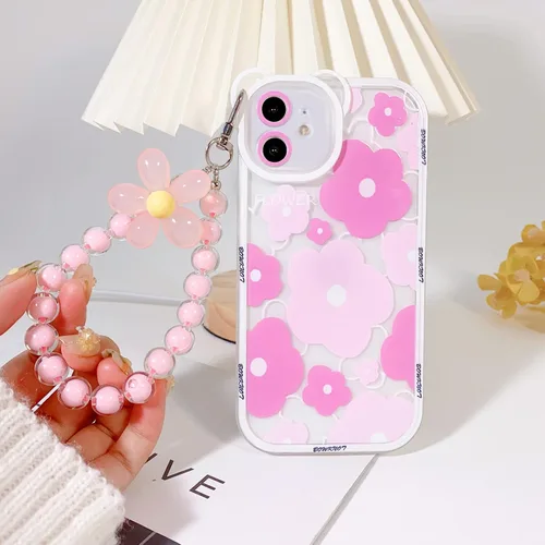 Miniatura 5 de NITITOP Funda compatible con iPhone 11, lente de cámara transparente con diseño de oso floral y cadena de pulsera de flores para mujeres y niñas
