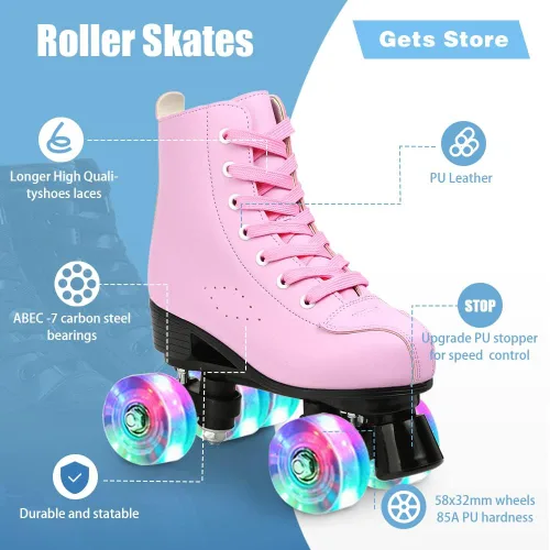 Miniatura 5 de Gets Patines altos para mujer, piel sintética, cuatro ruedas, doble fila, brillante, para interiores y exteriores rosado (Pink Flash)