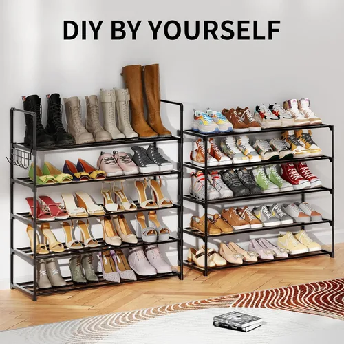 Miniatura 7 de Organizador de zapatos de metal, zapatero de 5 niveles con ganchos, se adapta a 20-25 pares, estante de zapatos ajustable para entrada, pasillo
