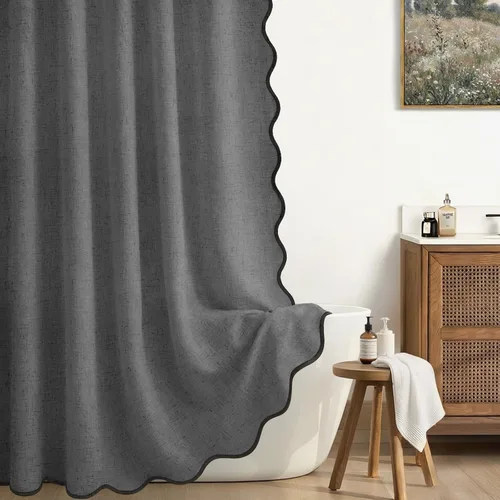 Miniatura 10 de Cortina de Ducha de Lino Beige Bonita Negra Festoneada Boho Moderna Cortinas de Ducha para Baño Juego, 48" W x 72" L