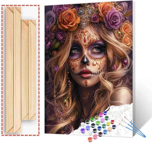 Miniatura 7 de Pintura por números para parejas tomadas de la mano, para adultos, principiantes, Día de los Muertos, Esqueleto, Pintura por números sobre lienzo