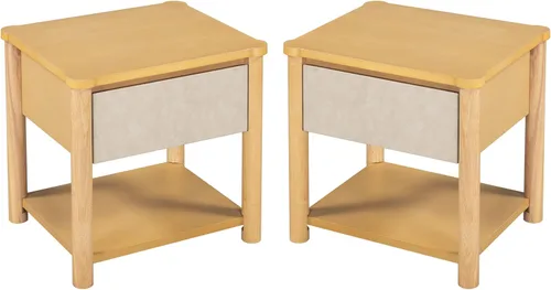 Miniatura 7 de Moderno juego de base de cama Queen con 2 mesitas de noche, cama de plataforma de madera beige con cabecero y mesitas de noche a juego