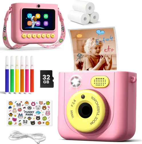 Miniatura 10 de Cámara de impresión instantánea para niños, cámara digital HD de 48 MP 1080P con impresión en color y B&W, tarjeta de 32 GB y 3 rollos de papel