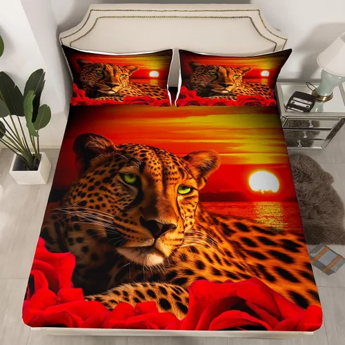 Miniatura 38 de Erosebridal Juego de sábanas bajeras de rosas rojas y leopardo, tamaño individual, diseño de animales africanos salvajes, diseño de plantas